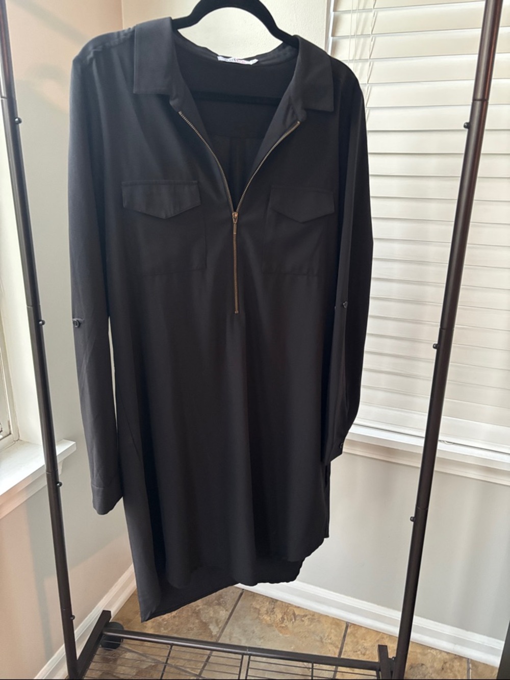 Black Zip-Front Long Sleeve Dress